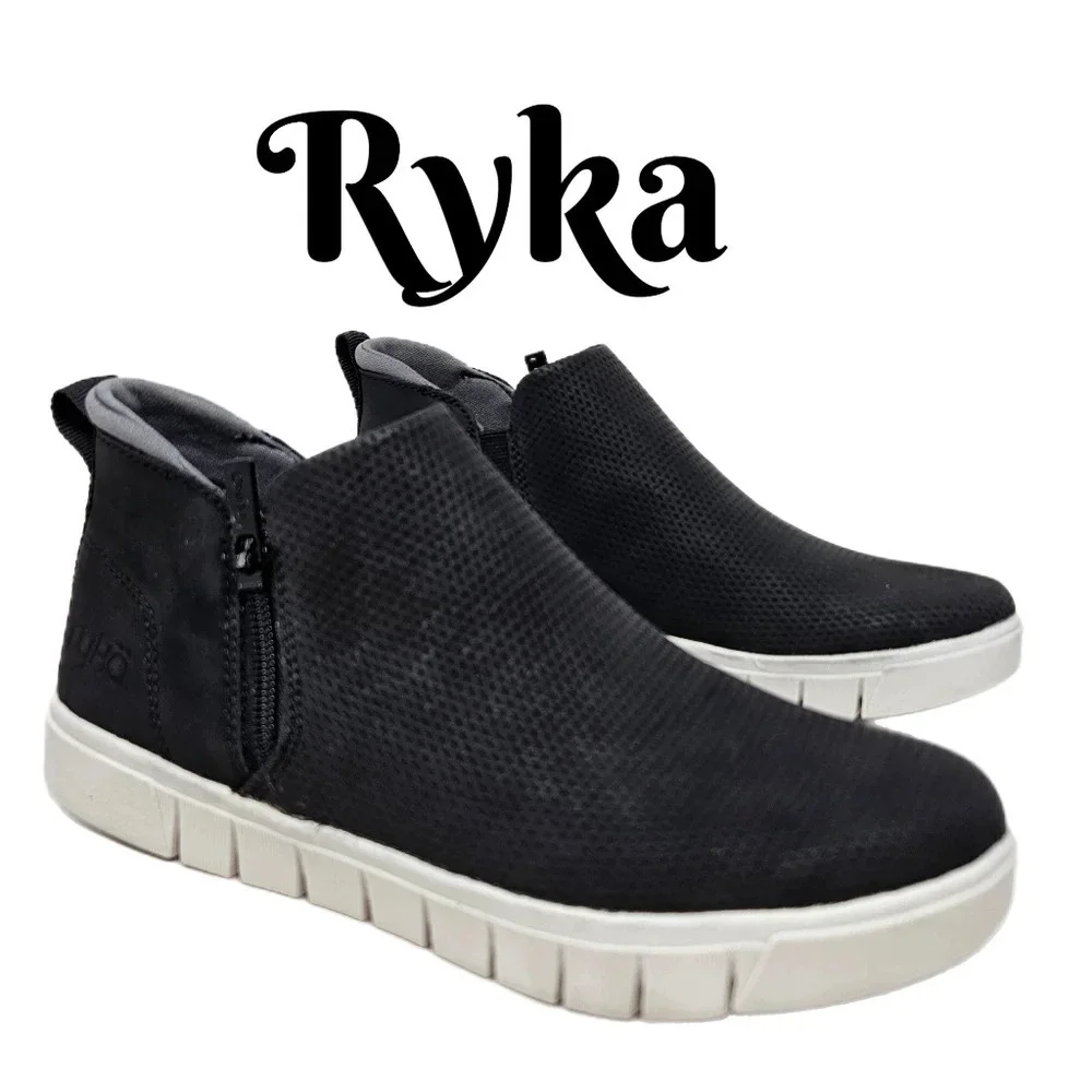 Ryka Sneaker Boots Womens Sz 6M Black Faux Leather Henley 2 Perforated Side Zip